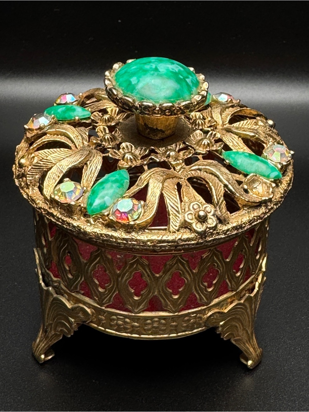 Vintage Gold Tone Filigree Jeweled Trinket Box Green Cabochon Rhinestone Footed
